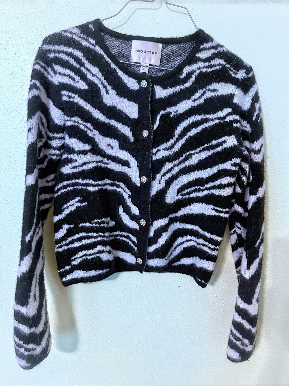 INDUSTRY Zebra Print Cropped Cardigan Rhinestone Buttons Wool Blend EUC 18” p2p